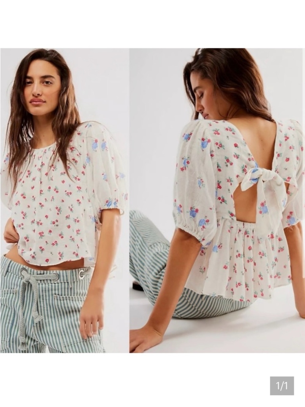 Free People CHLOE Pleated
Puff Sleeve Blouse in White and Pink,